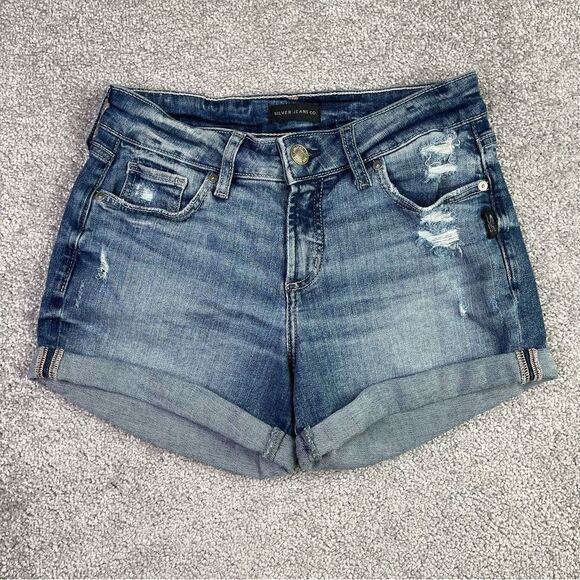Silver Jeans Suki Shorts Women's 25 Blue Low Rise Cuffed Distressed Denim - Picture 1 of 9